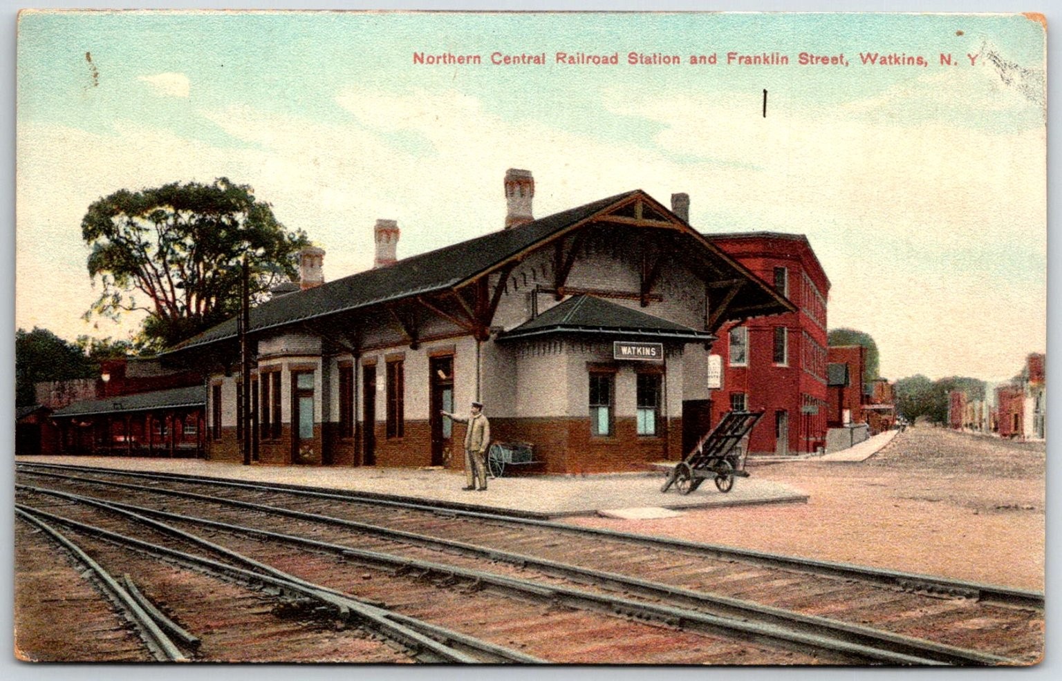 Watkins NY Northern Central Railroad Station Franklin Street Postcard c1900s