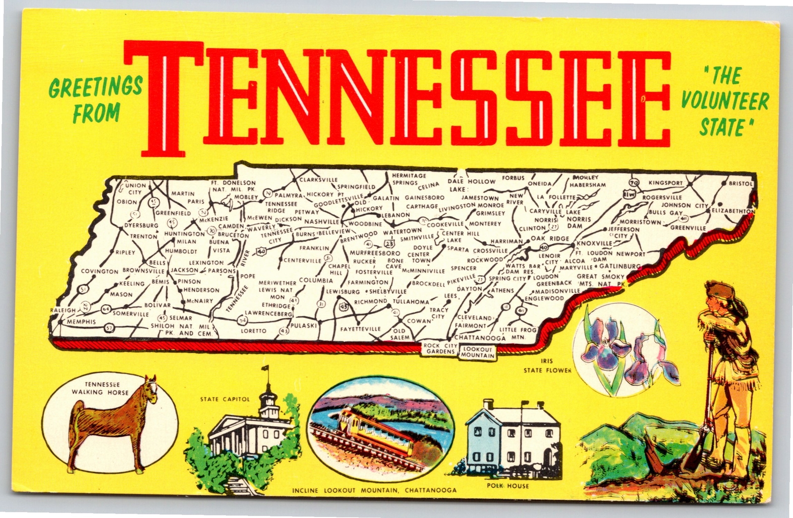 State Maps~Tennessee Map Walking Horse Incline Mt & Capitol~Vintage Postcard