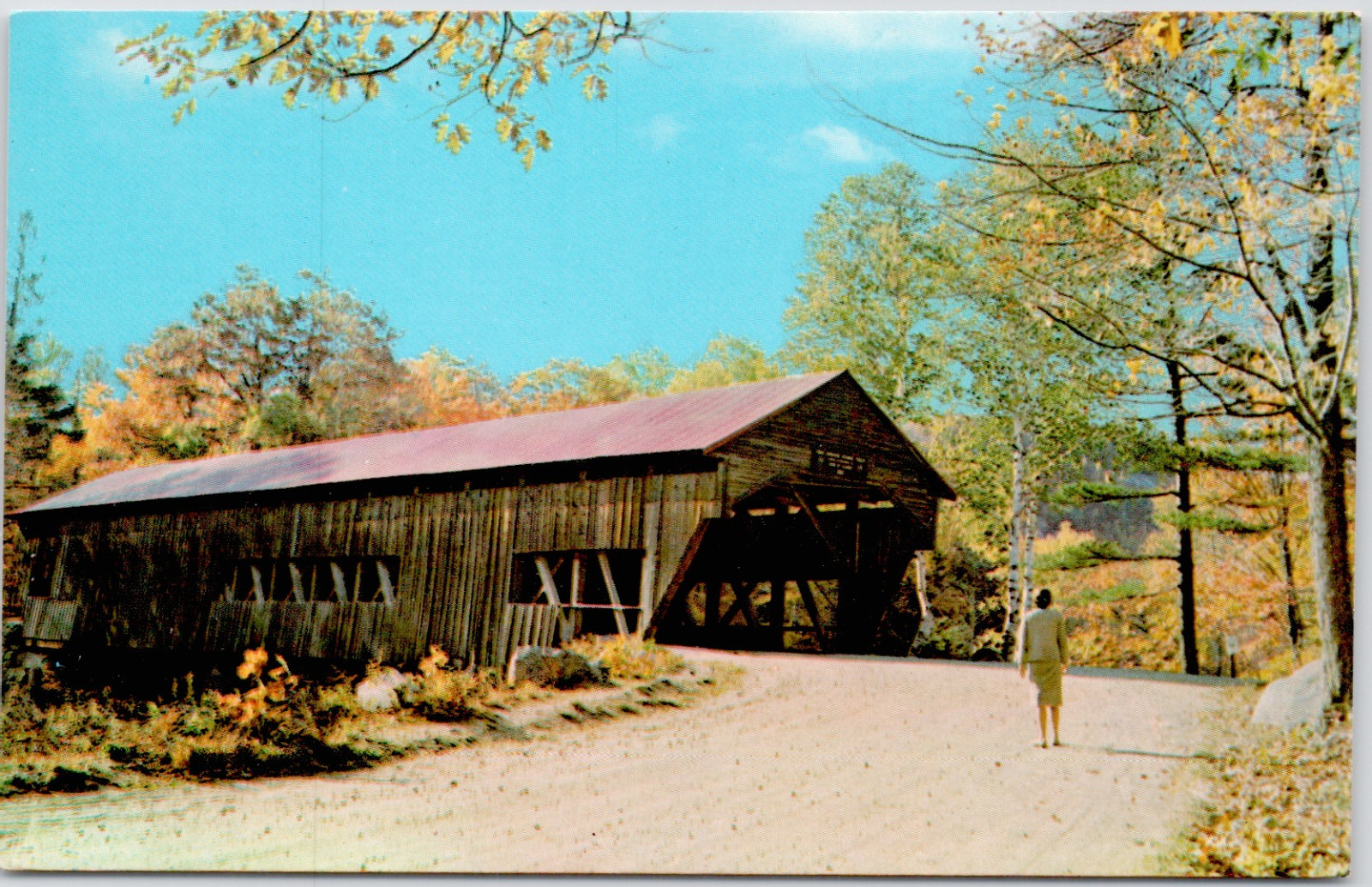 Covered Bridge Scenic View Fall Foliage Dirt Road New England Vintage Postcard