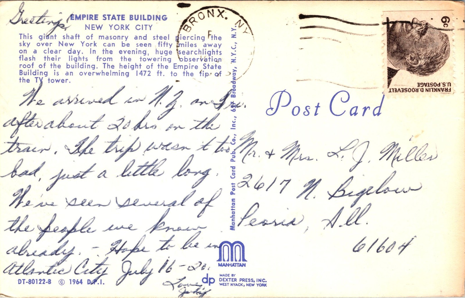 Empire State Building Postcard 1964 Manhattan Post Card Pub Postmarked Bronx NY