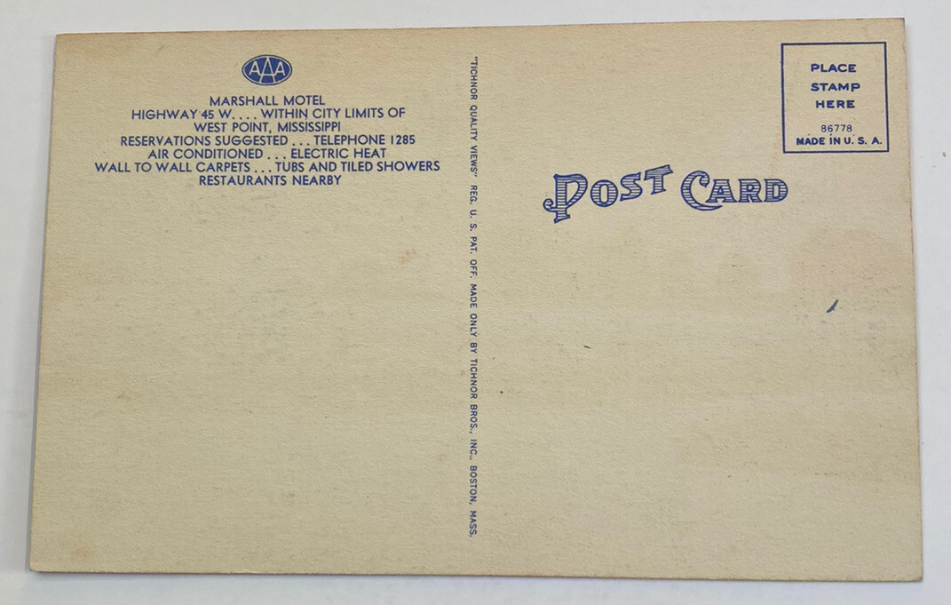 Vintage Linen Postcard ~ Marshall Motel Hwy 45 ~ West Point Mississippi MS