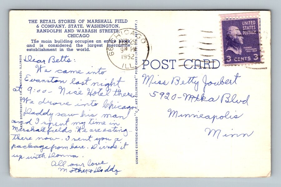 Chicago,IL Marshall Field & Co. Retail Store 1952 Illinois Vintage Postcard