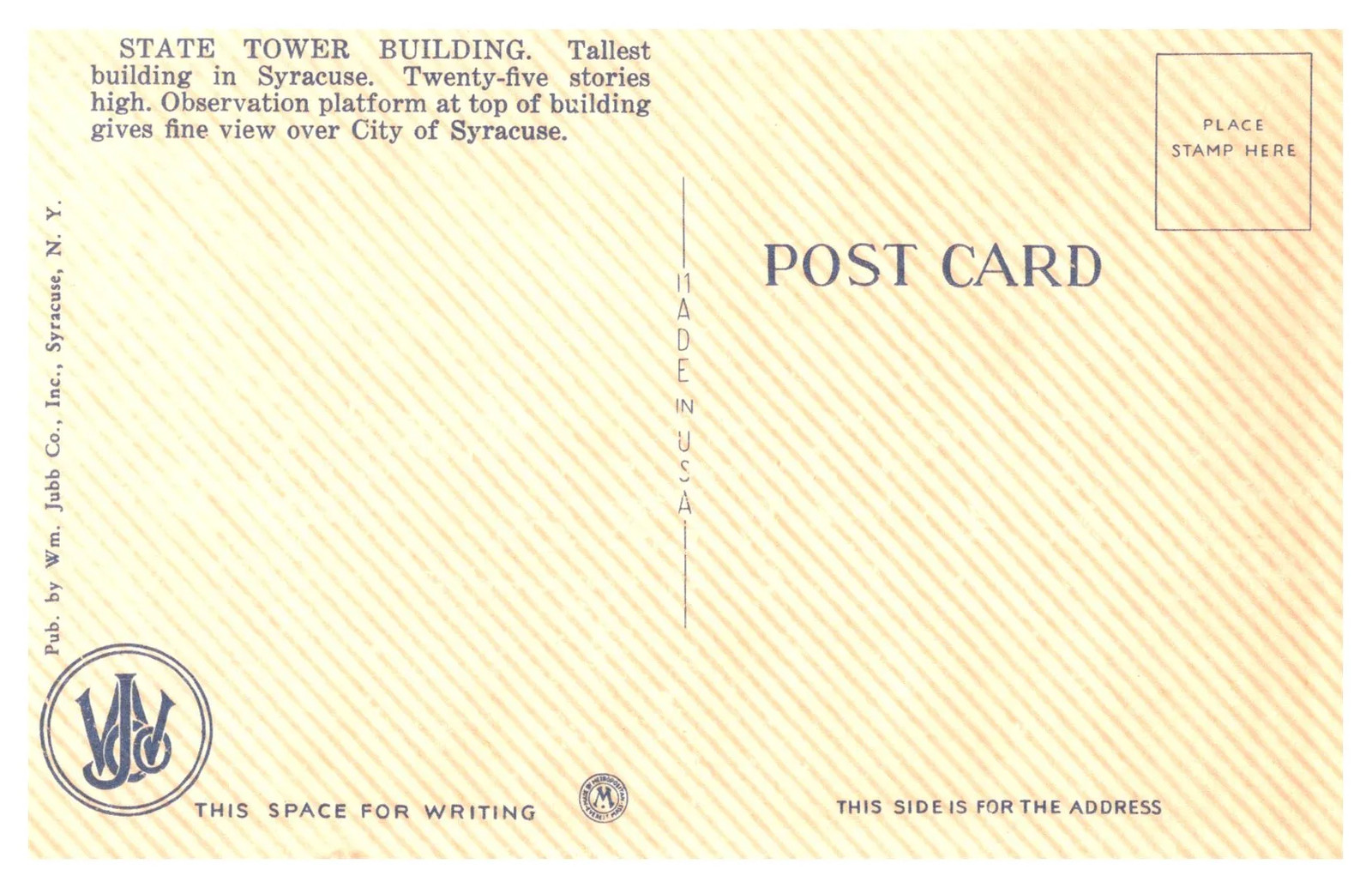 Syracuse, New York – State Tower Building – Wm. Jubb Co. Inc. Postcard