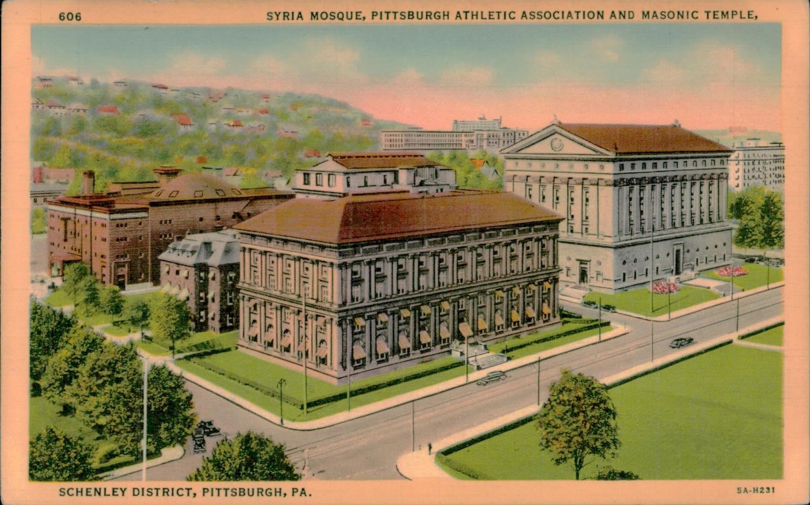Syria Mosque Pittsburgh Schenley District Vintage Postcard Minsky Bros PA