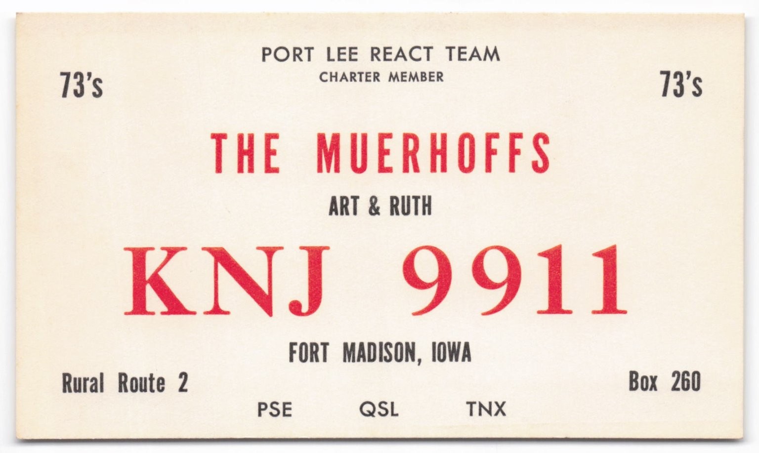Fort Madison Iowa REACT Team QSL Card – KNJ 9911 Muerhoffs CB Radio