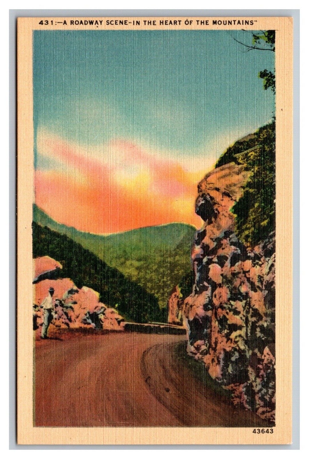 Asheville Post Card Co, NC, Roadway Scene Heart of the Mountains Linen Postcard