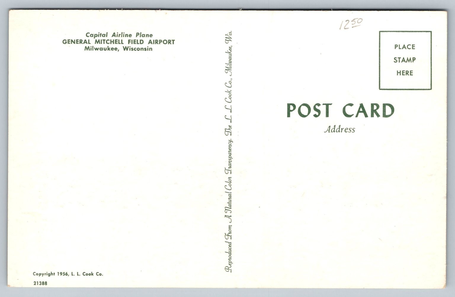 Vintage 1956 General Mitchell Field Airport Milwaukee Postcard Plane