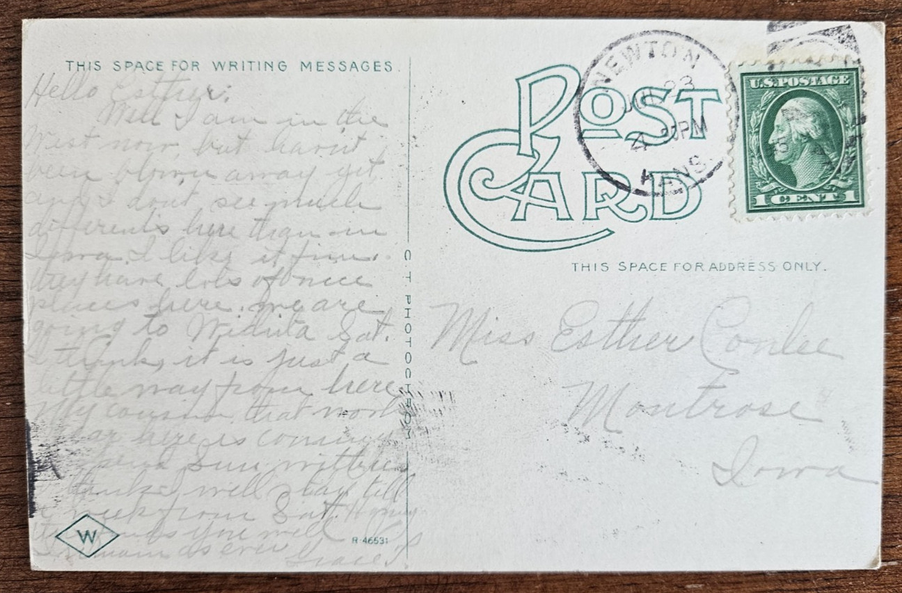 Newton Kansas Postcard High School Exterior View Building 1915 to Montrose, Iowa