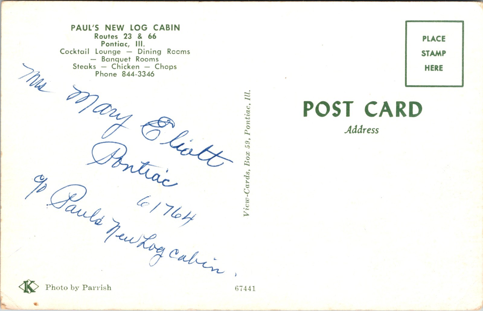 Route 66 ~ Paul’s New Log Cabin Pontiac, Illinois~ Postcard #10982