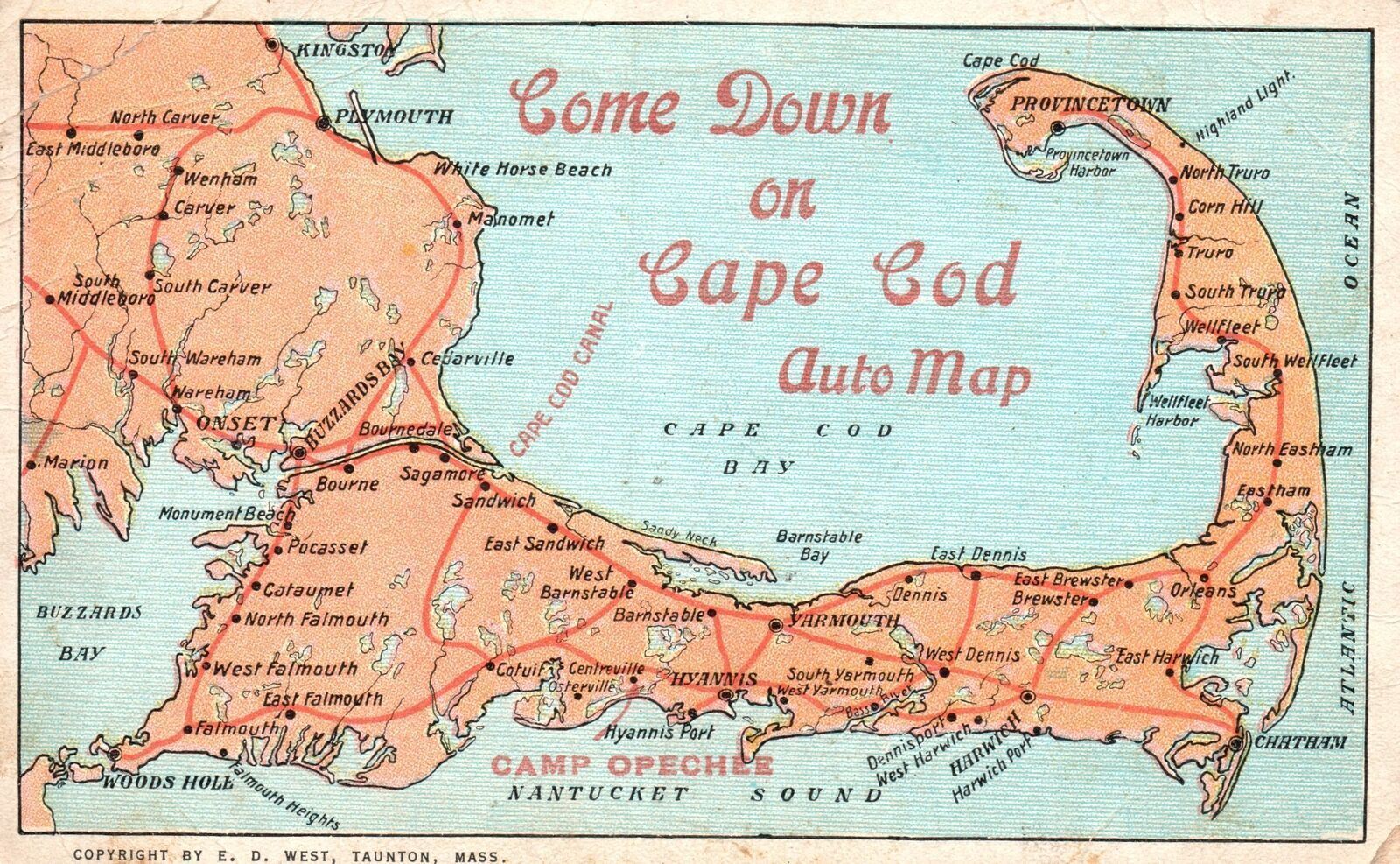 Come Down On Cape Cod Auto Map Massachusetts MA A. Dickerman Vintage Postcard