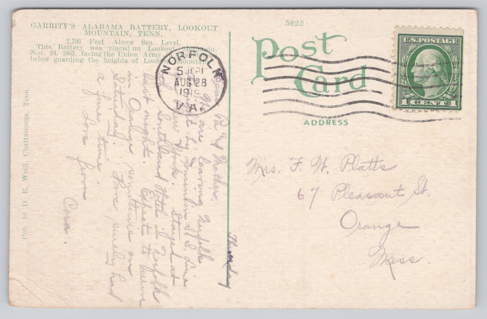 Garrity’s Alabama Battery, Lookout Mountain, Tennessee TN 1915 WB Postcard