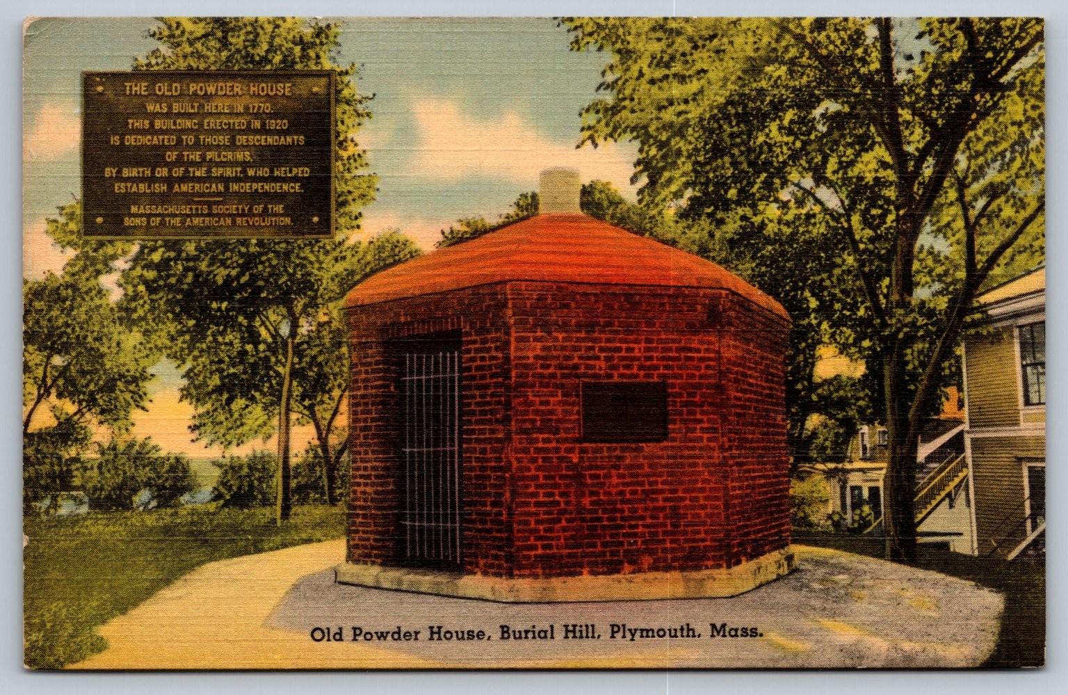 Old Powder House Burial Hill Plymouth MA Vintage Linen Postcard