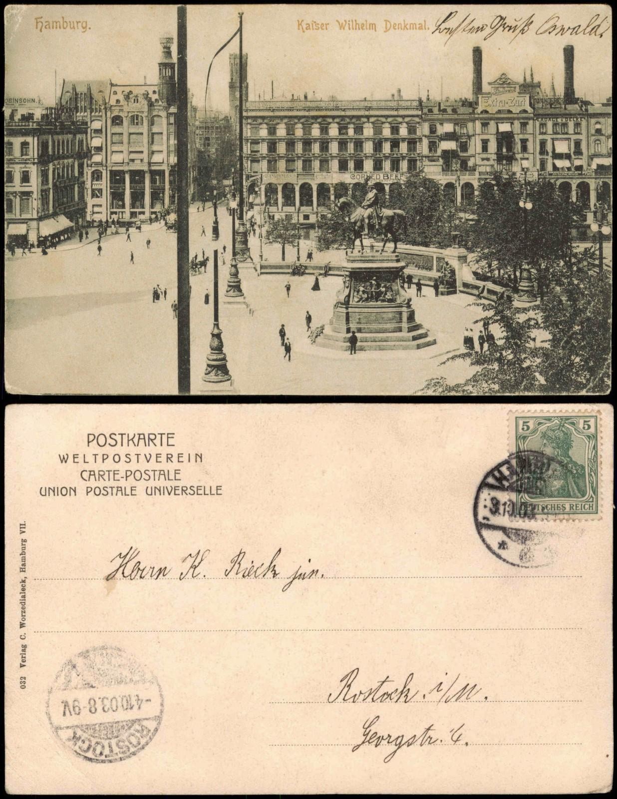Postcard Hamburg Kaiser Wilhelm monument Stollwerk advertising 1903