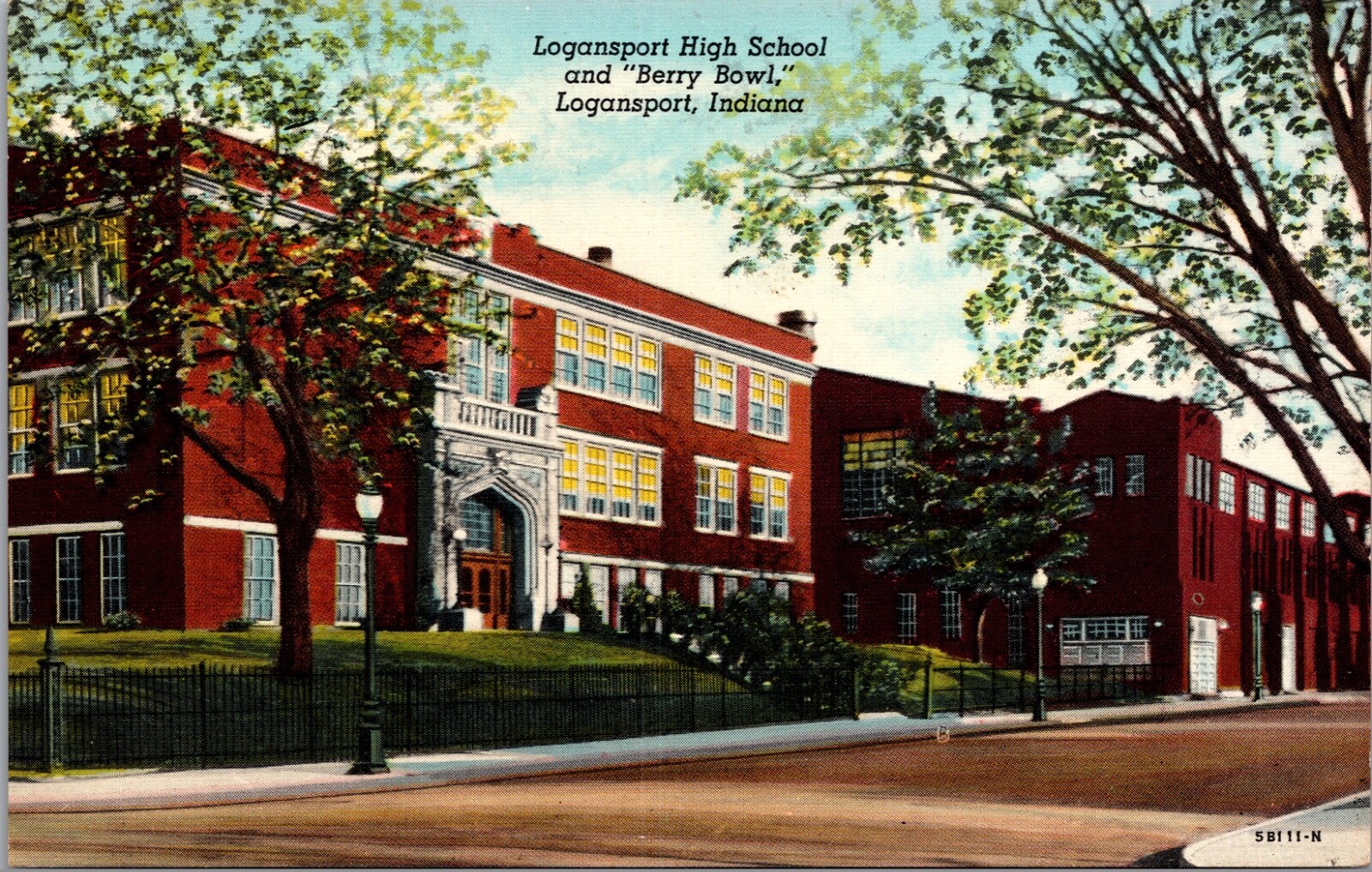 Linen Postcard Logansport High School and Berry Bowl in Logansport, Indiana