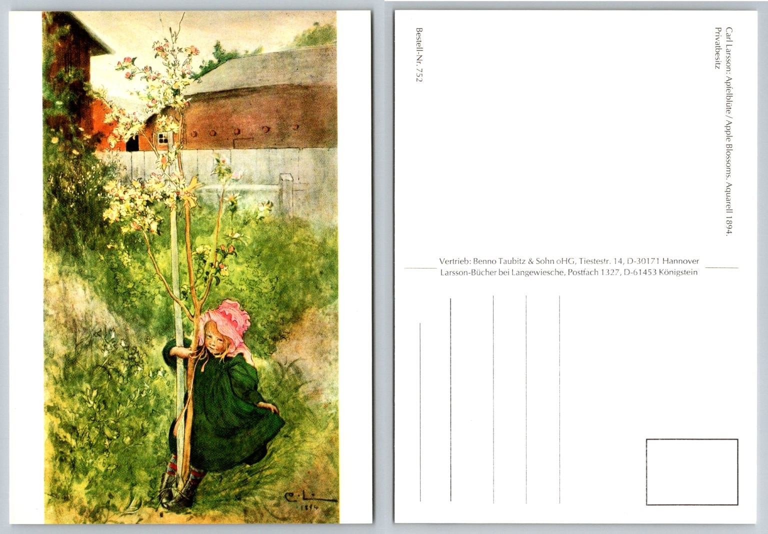 Carl Larsson Apple Blossoms 1894 Watercolor Art Postcard Girl & Tree Sweden
