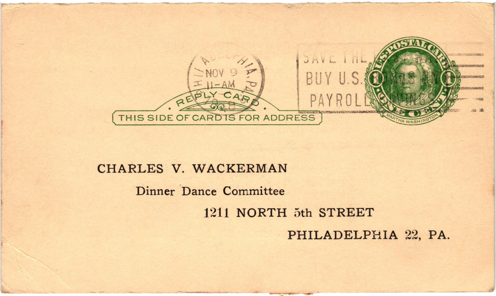 1948 47th Anniversary Dinner Dance RSVP Philadelphia Martha Washington Card