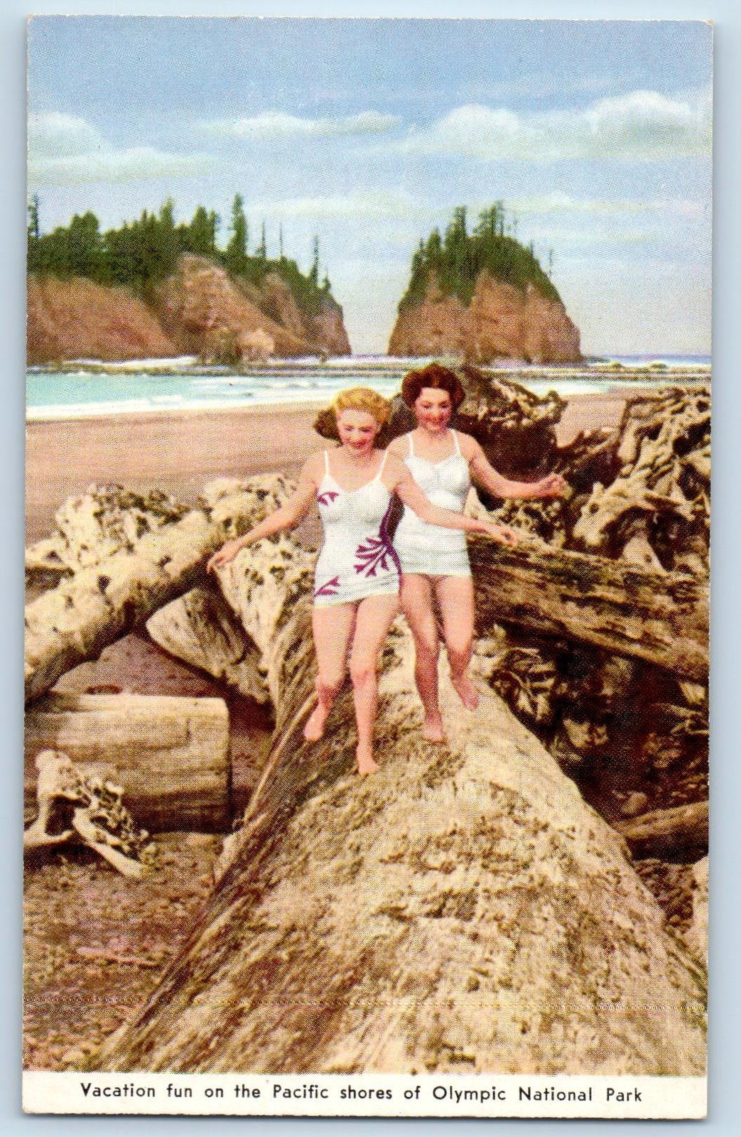 c1944 Fun On Pacific Shore Of Olympic National Park Olympia Washington Postcard