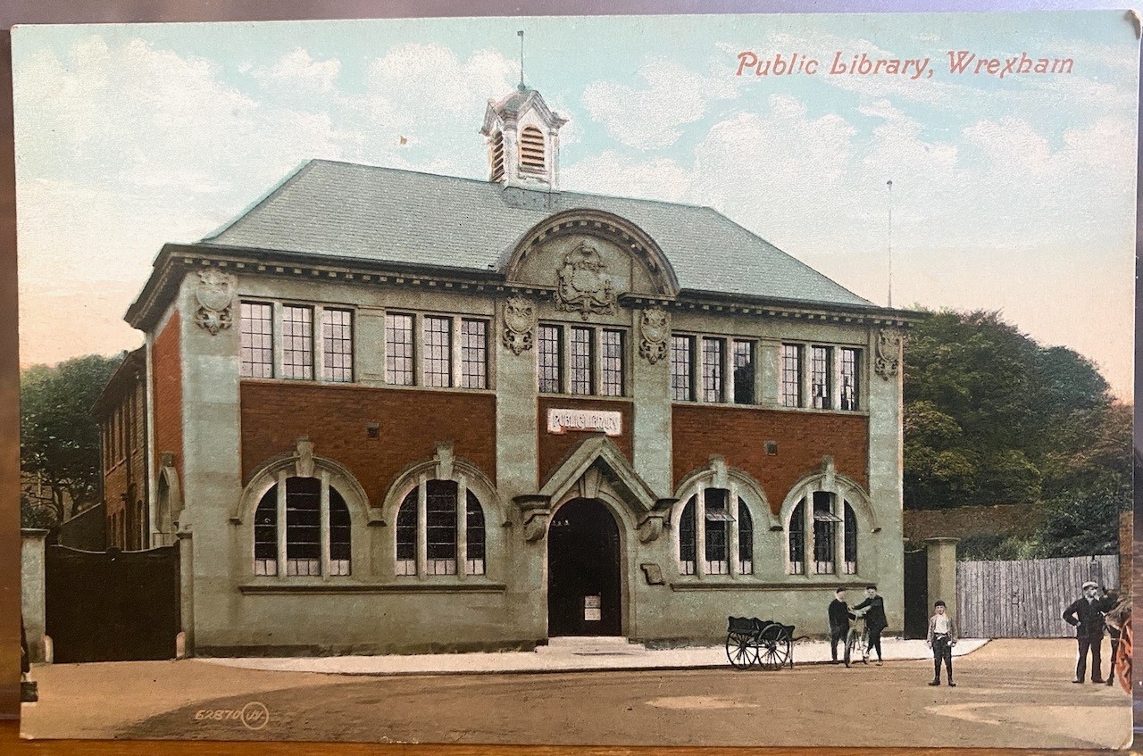 WALES Postcard Public Library WREXHAM North Wales UK V&S Valentine Boys Bicycle