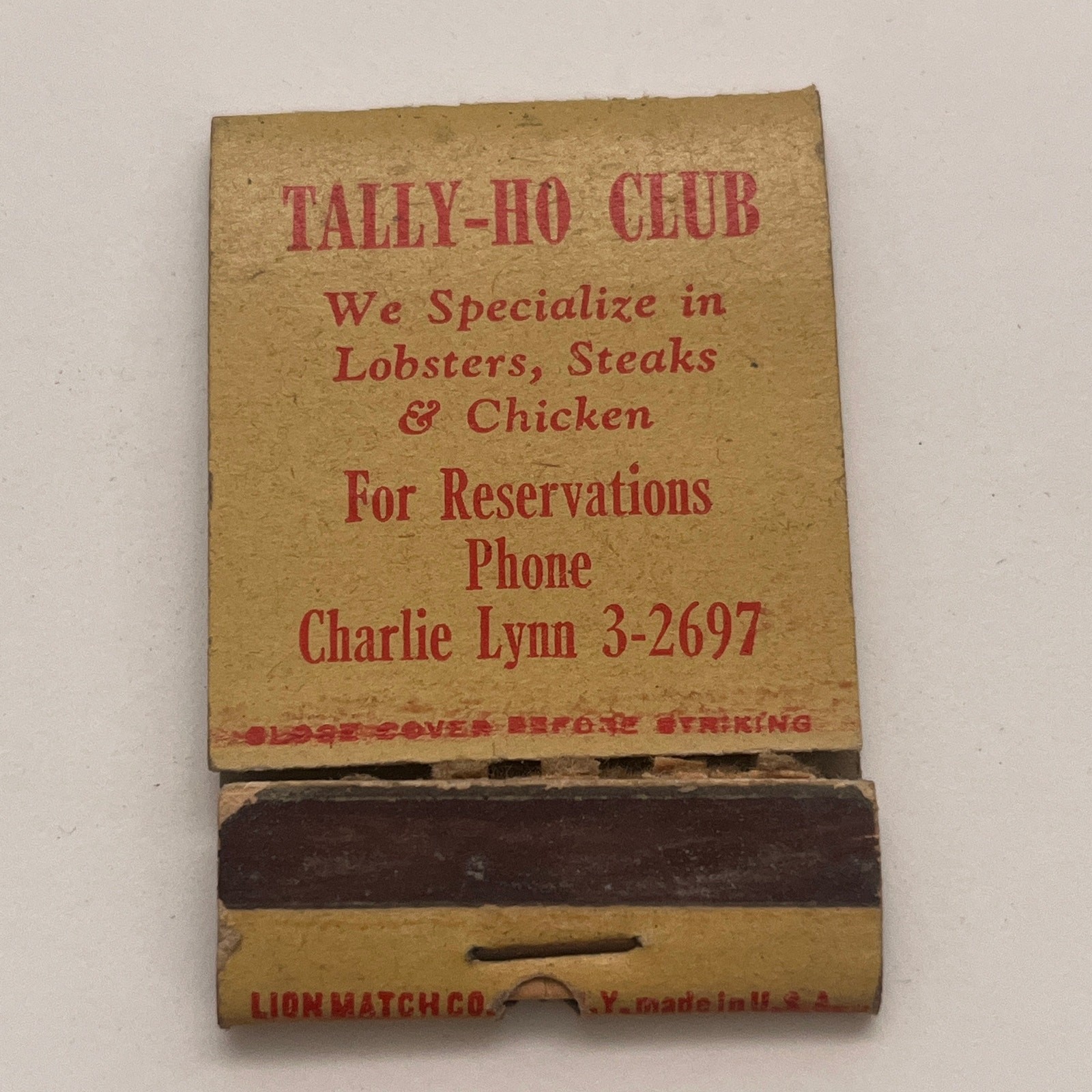 Tally-Ho Club Restaurant Lynn MA Vintage Matchbook Cover TB8-MB2-7