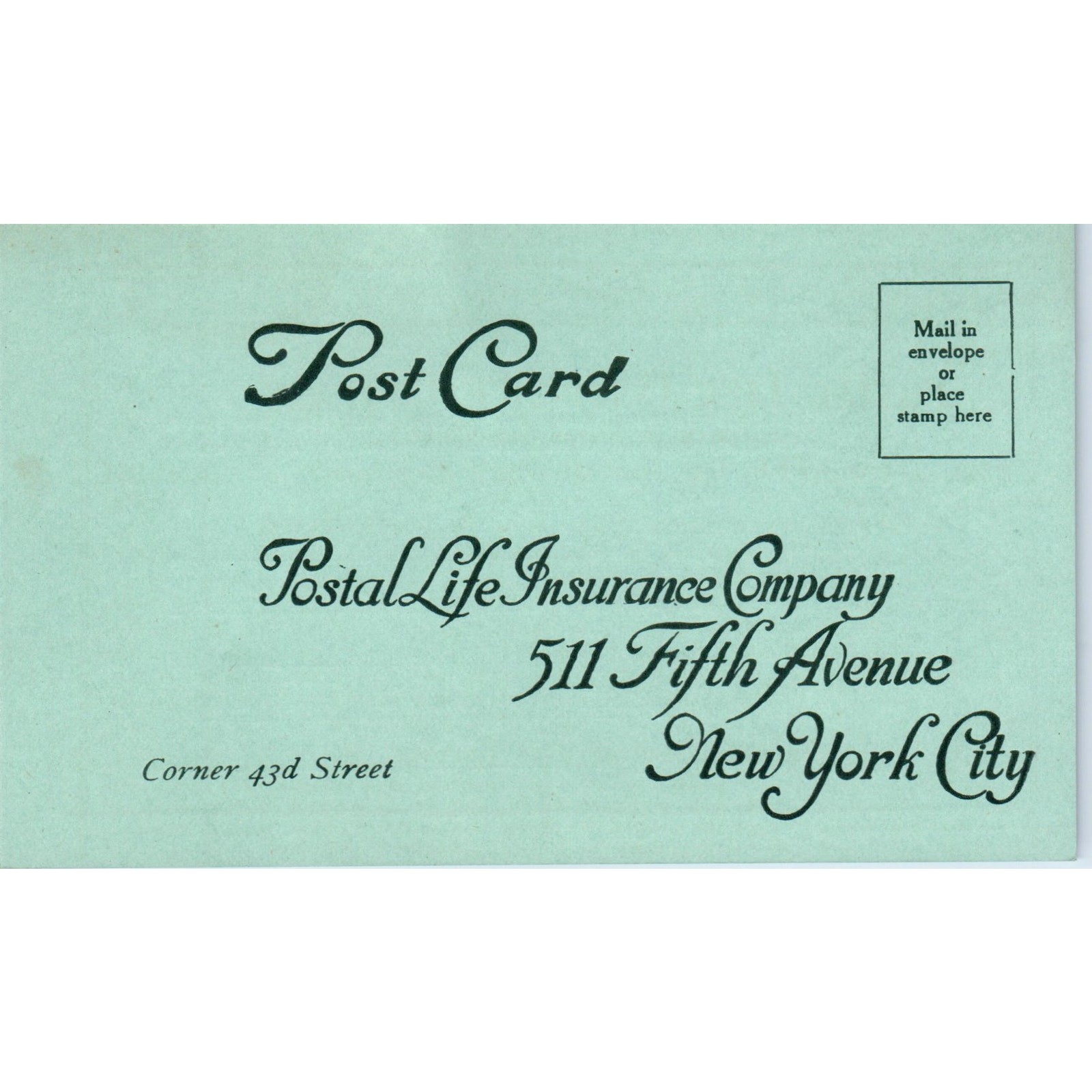 Postal Life Ins Co New York Vintage Postal Mailing Card PE7