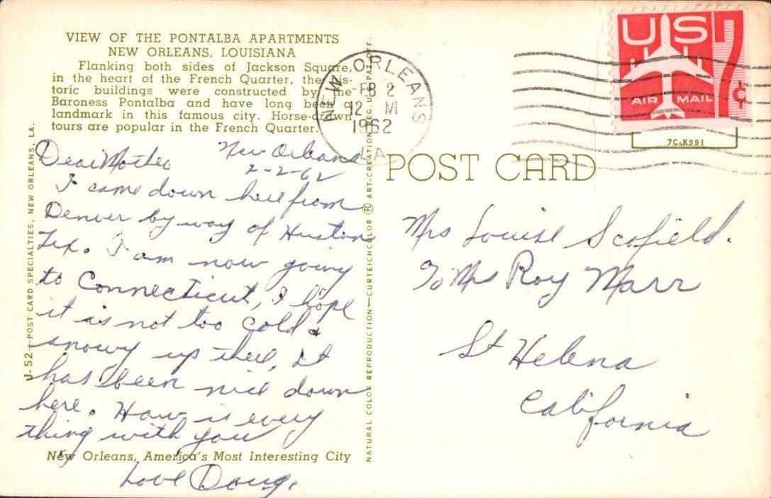 New Orleans LA Pontalba Apartments French Quarter Old Cars c1950s Postcard