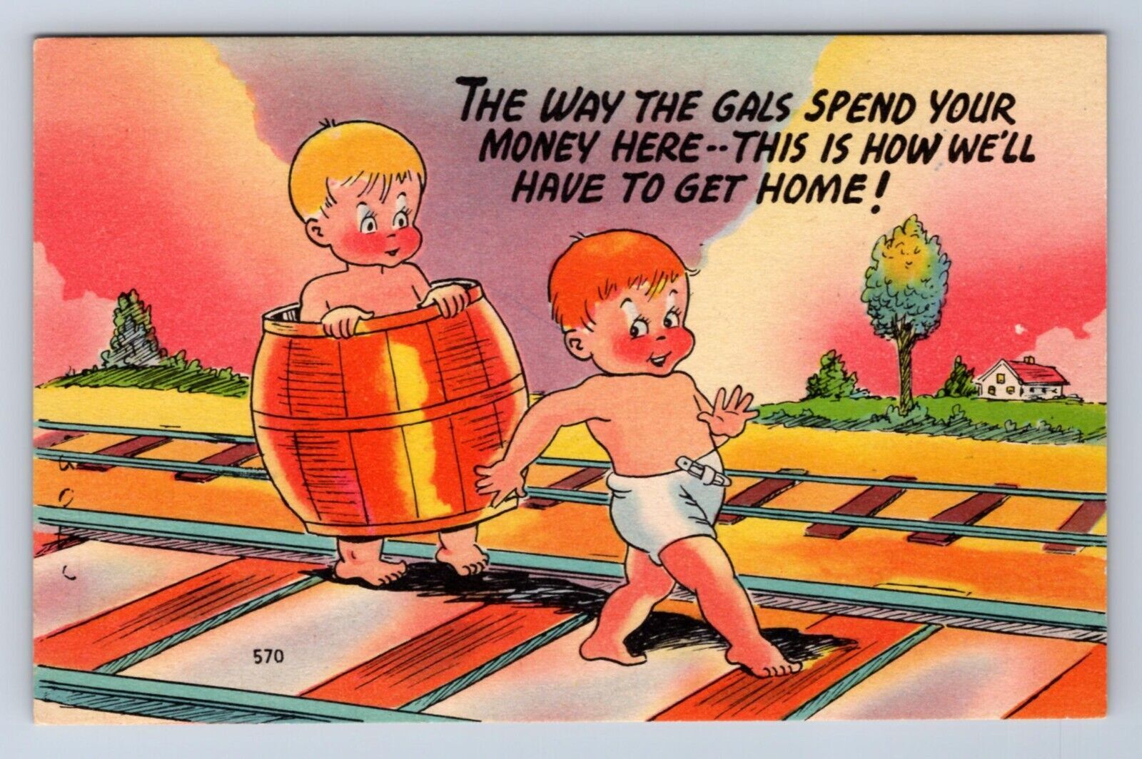 VINATGE THE WAY TO GALS SPEND YOUR MONEY HERE… LINEN POSTCARD GY