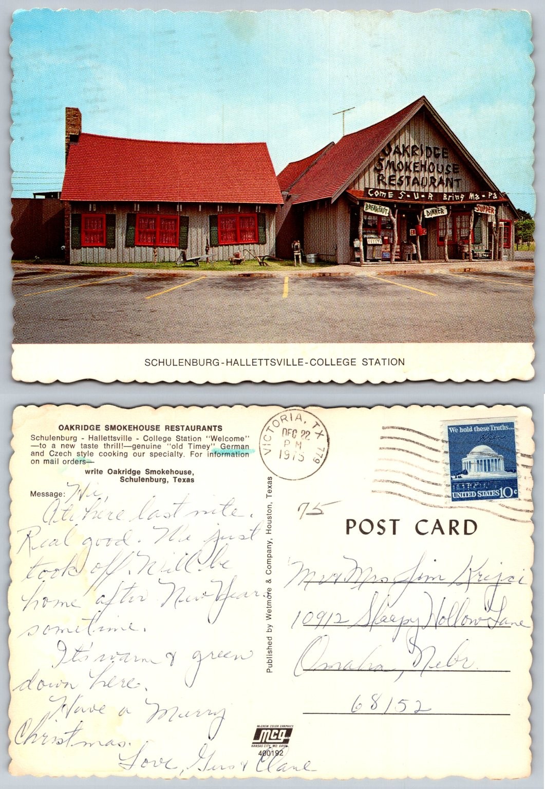 Vintage Oakridge Smokehouse Restaurant Postcard Schulenburg Texas 1975