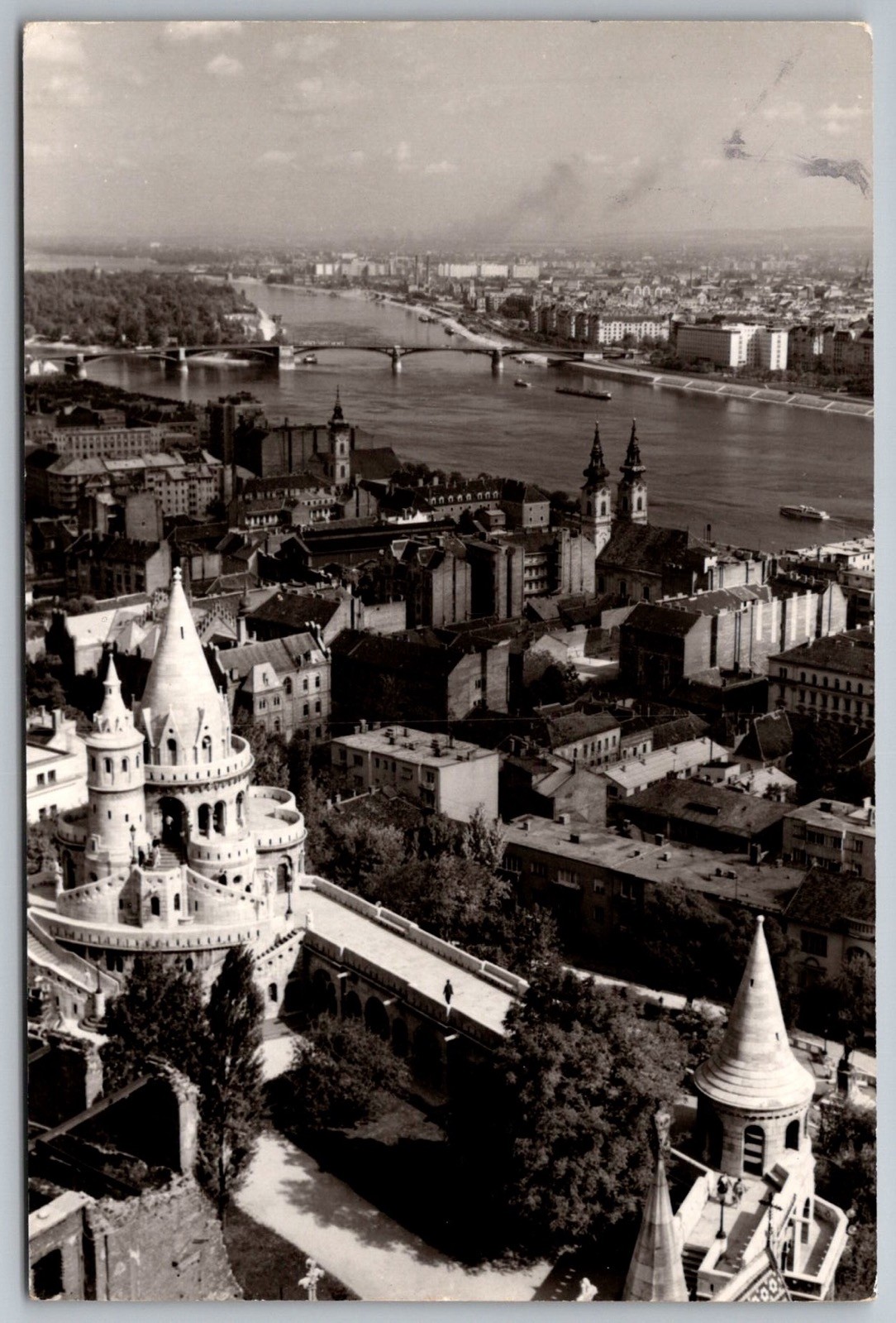 Fisherman’s Bastion Budapest Aerial View Historic Black & White Postcard