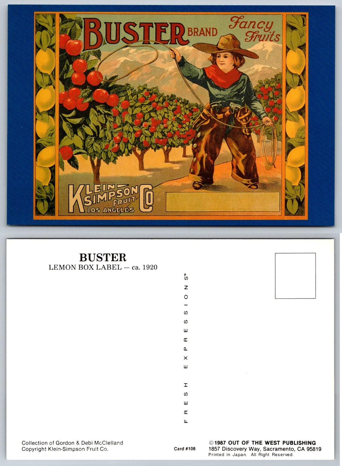 1987 Buster Brand Lemon Box Label Postcard – Cowboy Fruit Crate Art California