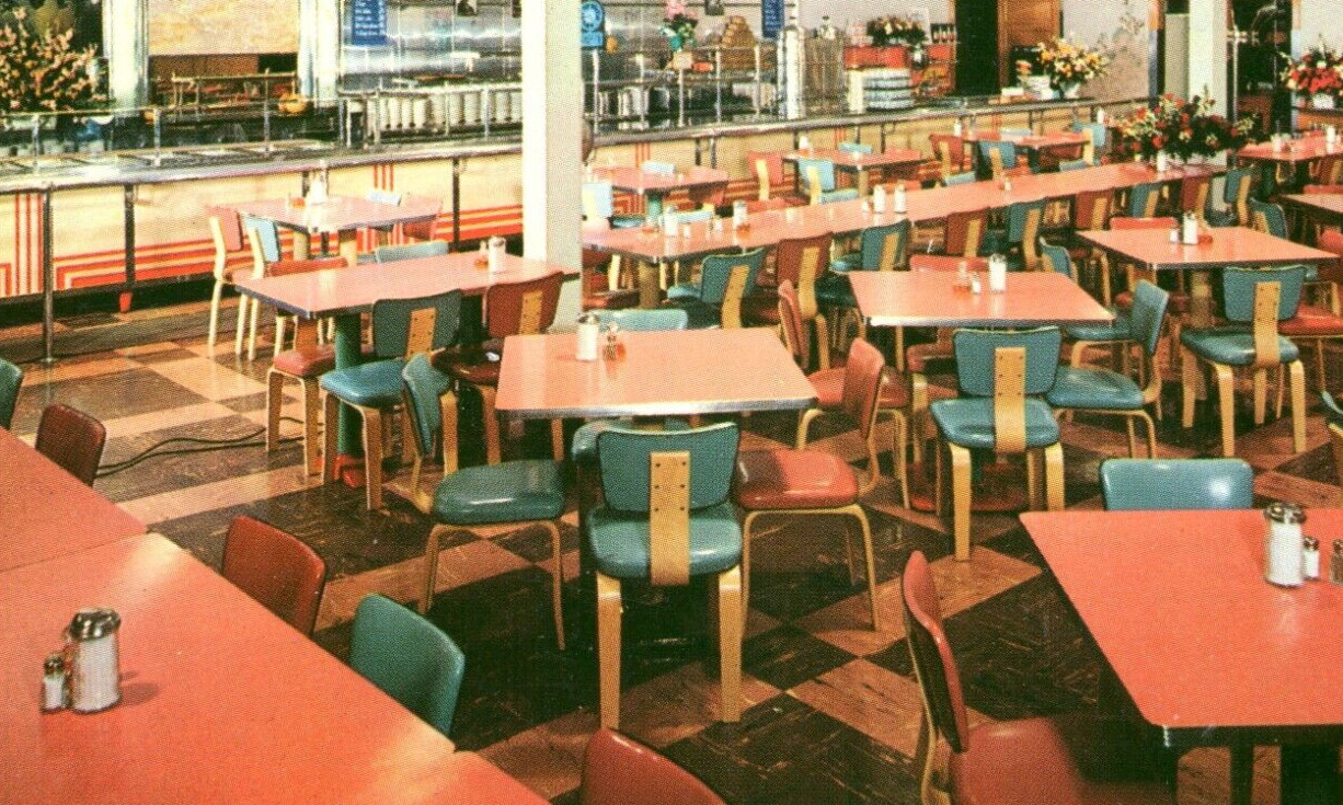 Mangas Famous Cafeteria Elwood Indiana Norm Cook MCM Mid Mod Interior Postcard