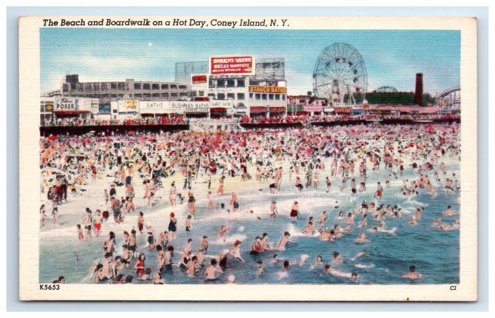 Postcard Beach and Boardwalk on a Hot Day Coney Island New York Ferris Wheel