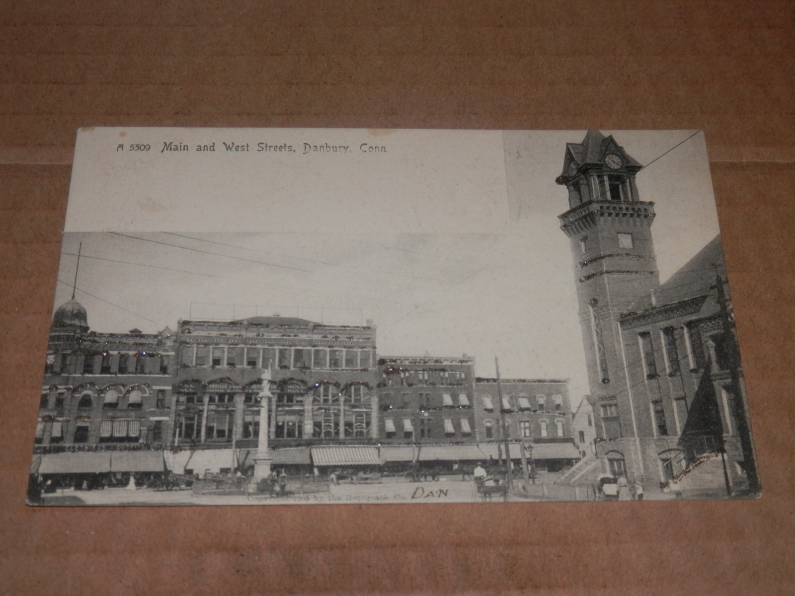 DANBURY CT – 1906 USED POSTCARD – MAIN and WEST STREETS – ROTOGRAPH CARD A 5309