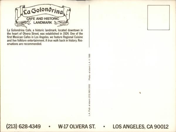 Los Angeles, California CA La Golondrina Large Format Postcard