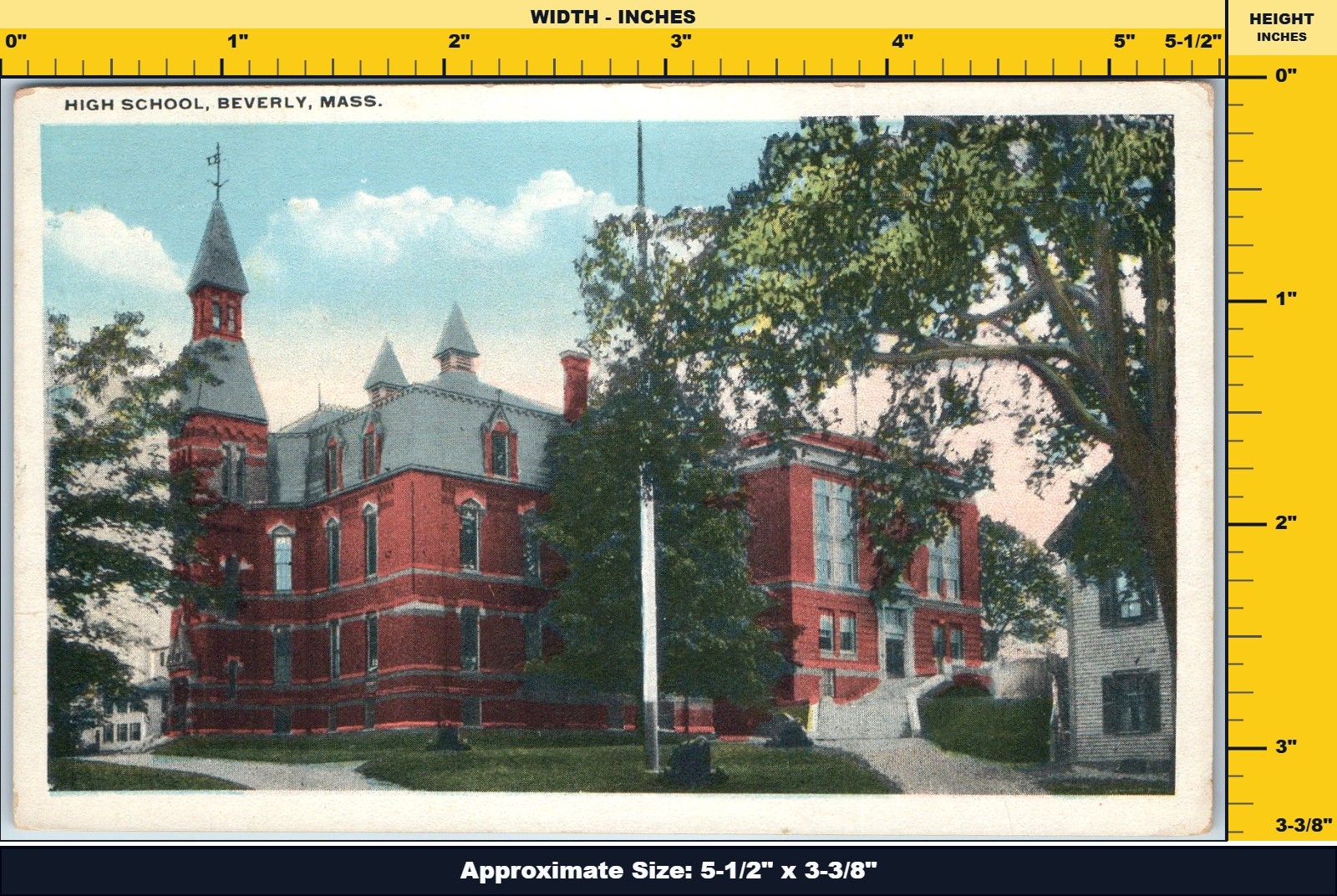 c1900s Beverly, MA High School Postcard Brick Architecture Building Towers Trees