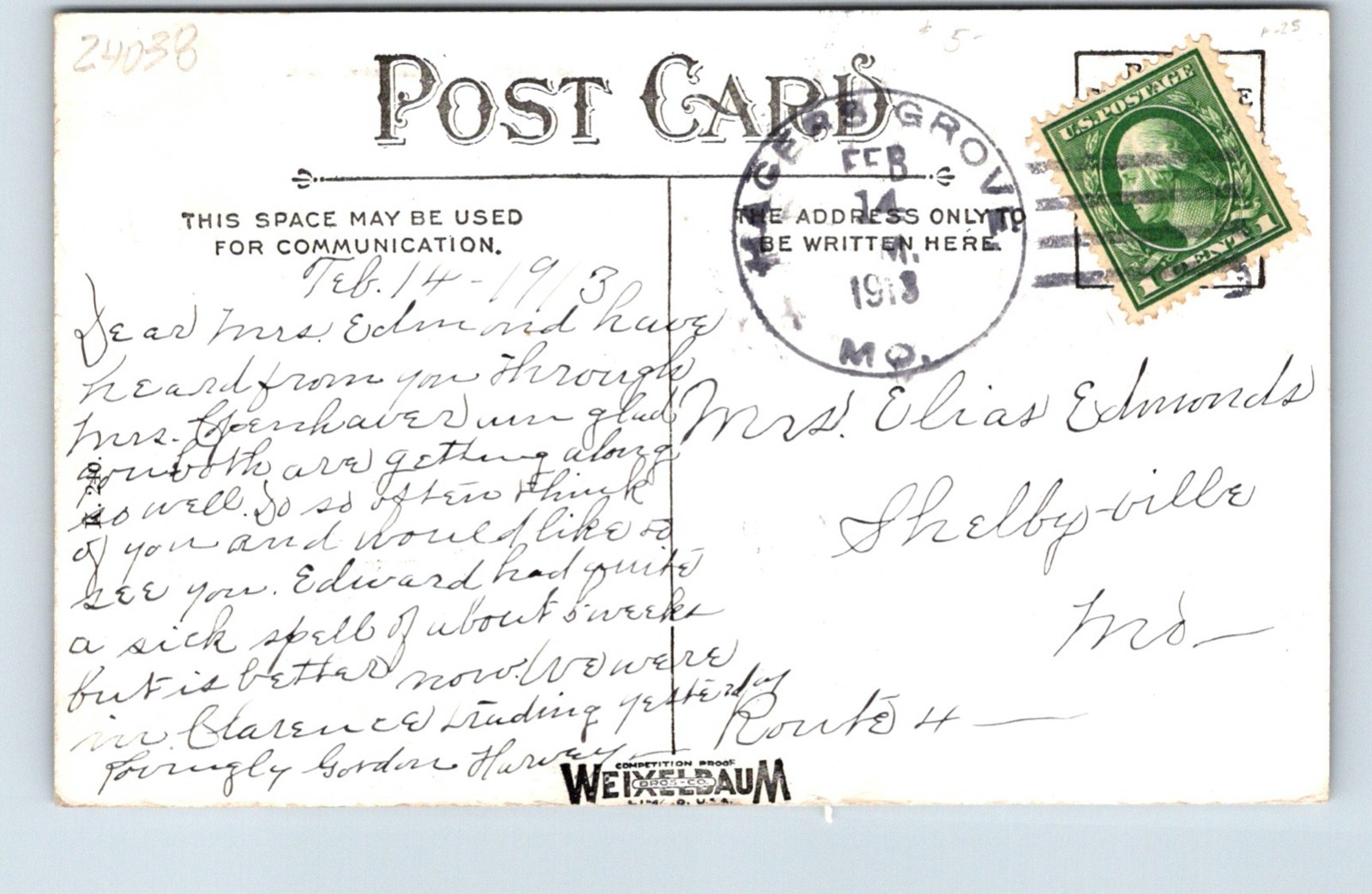 Postcard Maple Street Clarence Missouri Kirkwood & Sears Sign Posted 1913