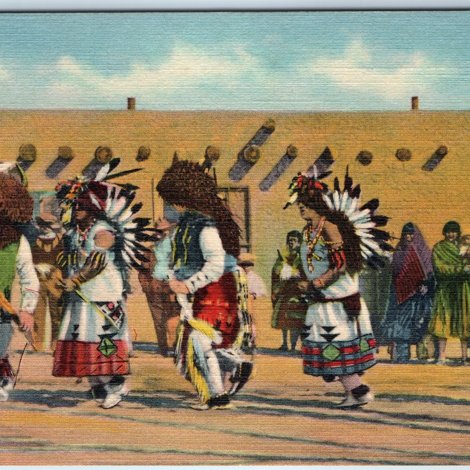 c1930s NM Pueblo Indians Buffalo Dance Linen Postcard Native Ceremony Costume
