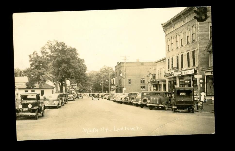 Vintage RPPC Real Photo Postcard Main Street Ludlow Vermont Downtown Drug Store