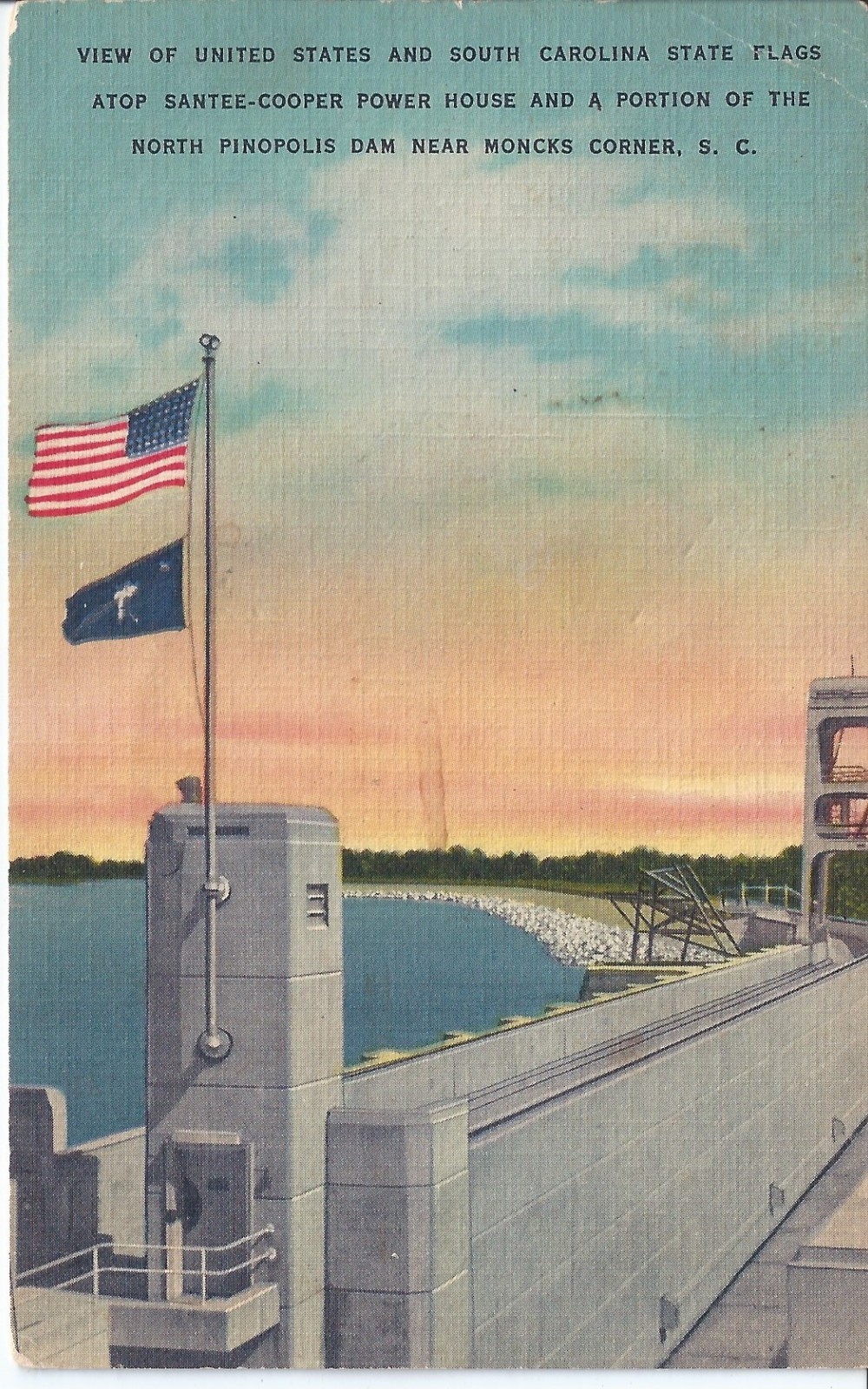 Old Vintage Flags Atop Santee-Cooper Power House, South Carolina Postcard