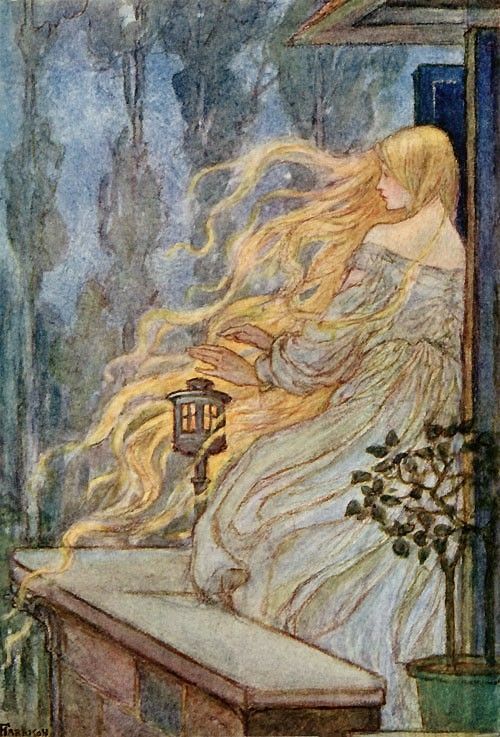 Fairy Tale Postcard: Vintage Repro – Rapunzel w long blonde hair – F. Harrison
