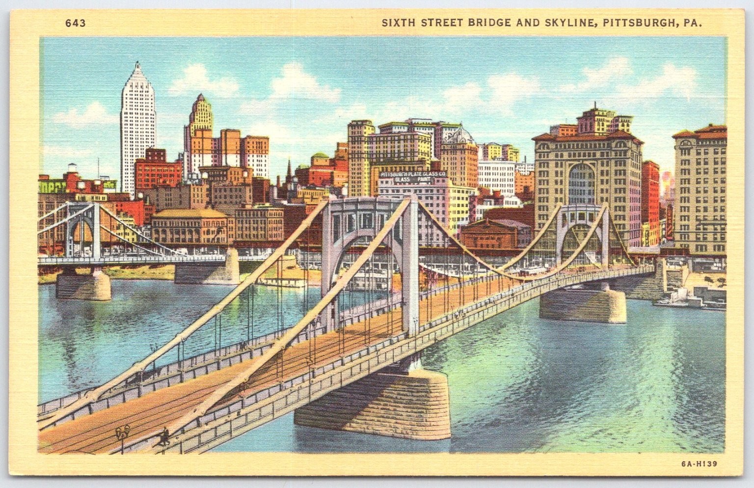 Vintage Sixth Street Bridge Pittsburgh Skyline Linen Postcard Minsky Bros