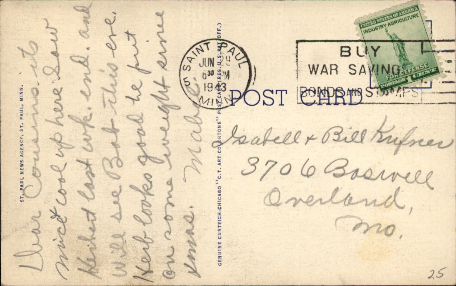 Formal Gardens ~ Como Park St Paul MN ~ 1943 postcard to Krifner Overland MO