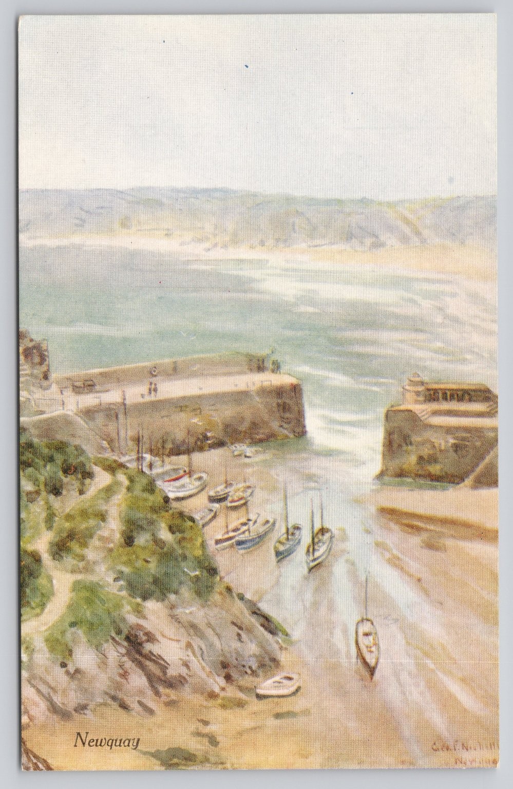Newquay Cornwall Harbor Boats Pier UK Vintage Postcard G.F. Nicholls A&C Black