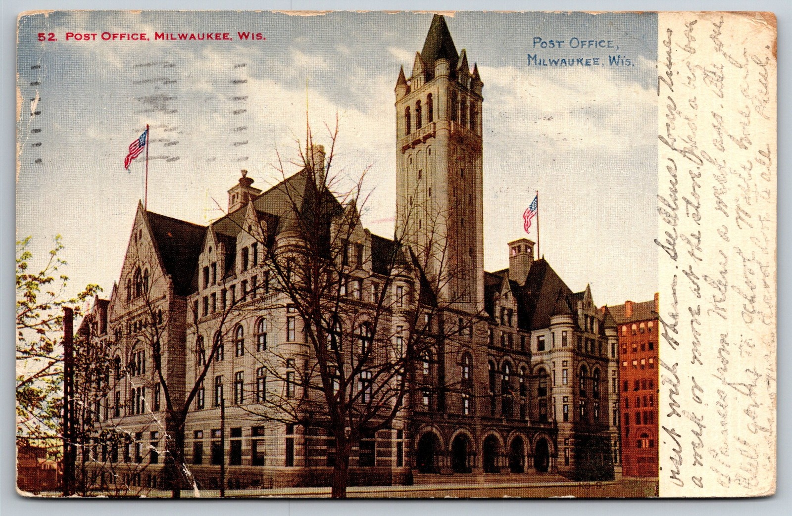 Vintage 1916 Postcard Post Office Milwaukee Wisconsin WI Printed Lithograph