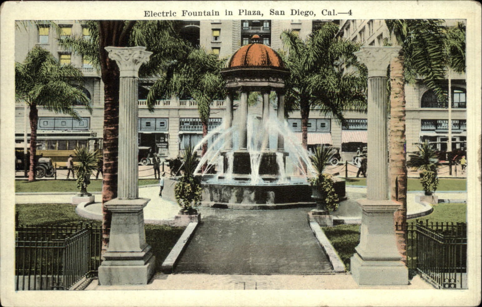 San Diego California electric fountain in Plaza 1920s unused postcard