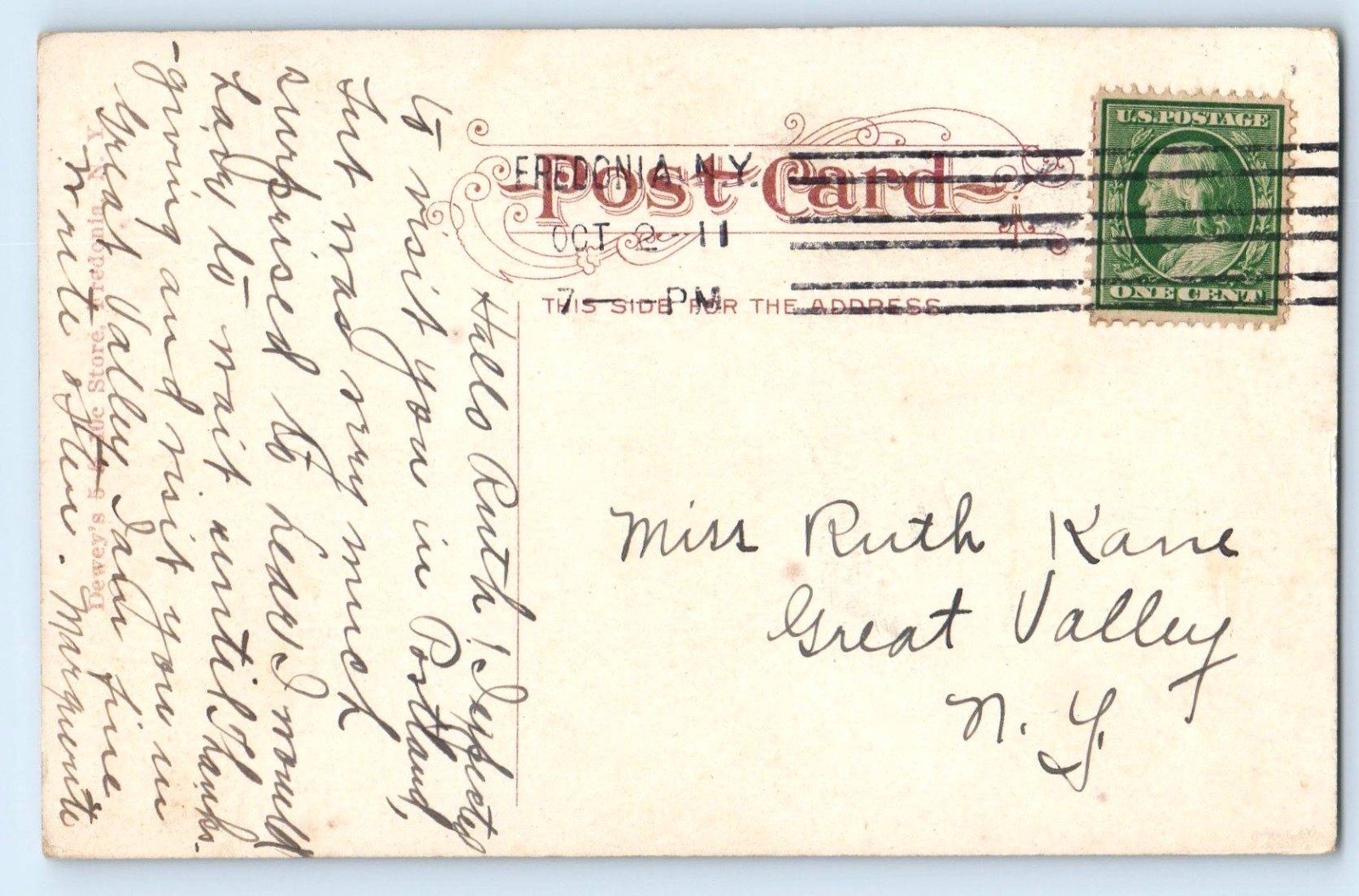1911 Fredonia New York NY Vintage Postcard Barker Free Library Building Posted