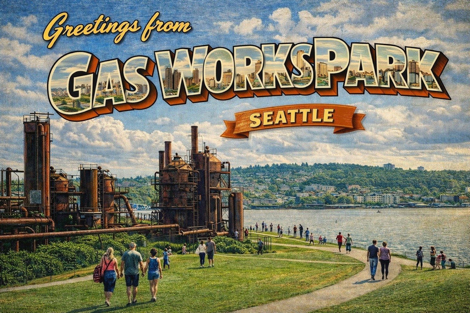 Greetings From GAS WORKS PARK SEATTLE WASHINGTON MODERN Postcard D587