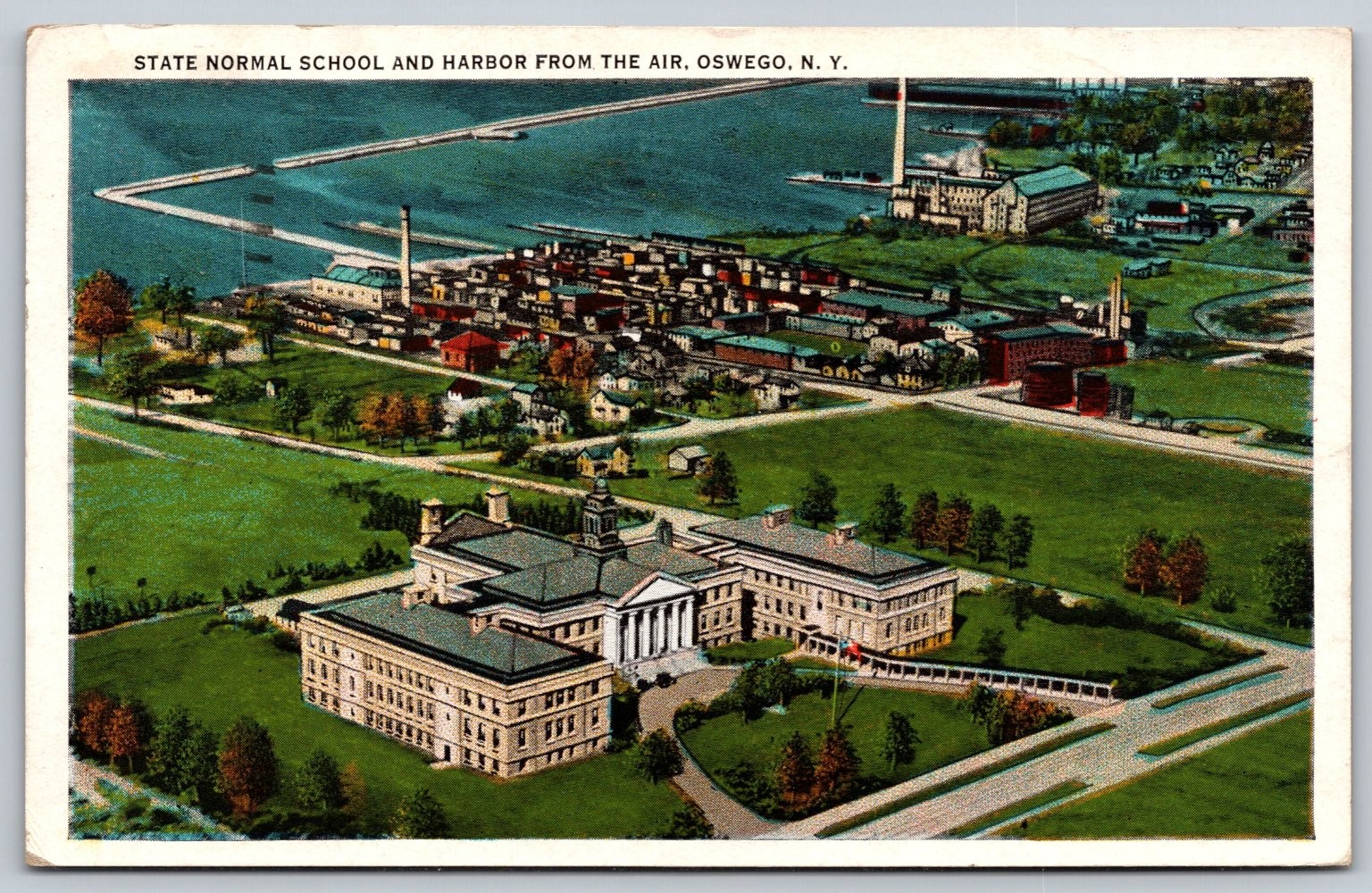 Oswego NY State Normal School Harbor Aerial View 1935 Postcard Miller Paper E177