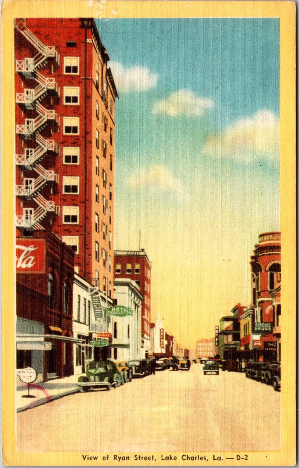 View of Ryan Street Lake Charles Louisiana old Autos linen postcard E343