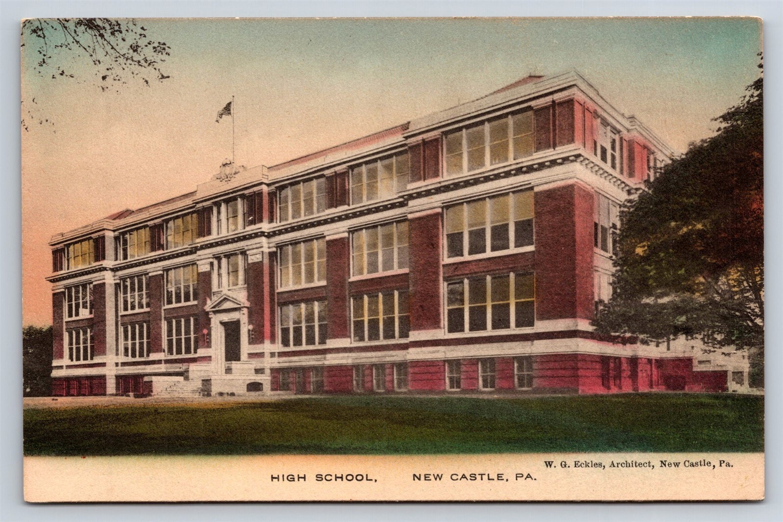 Postcard PA New Castle High School Hand Colored Eckles Architect 1920s P31