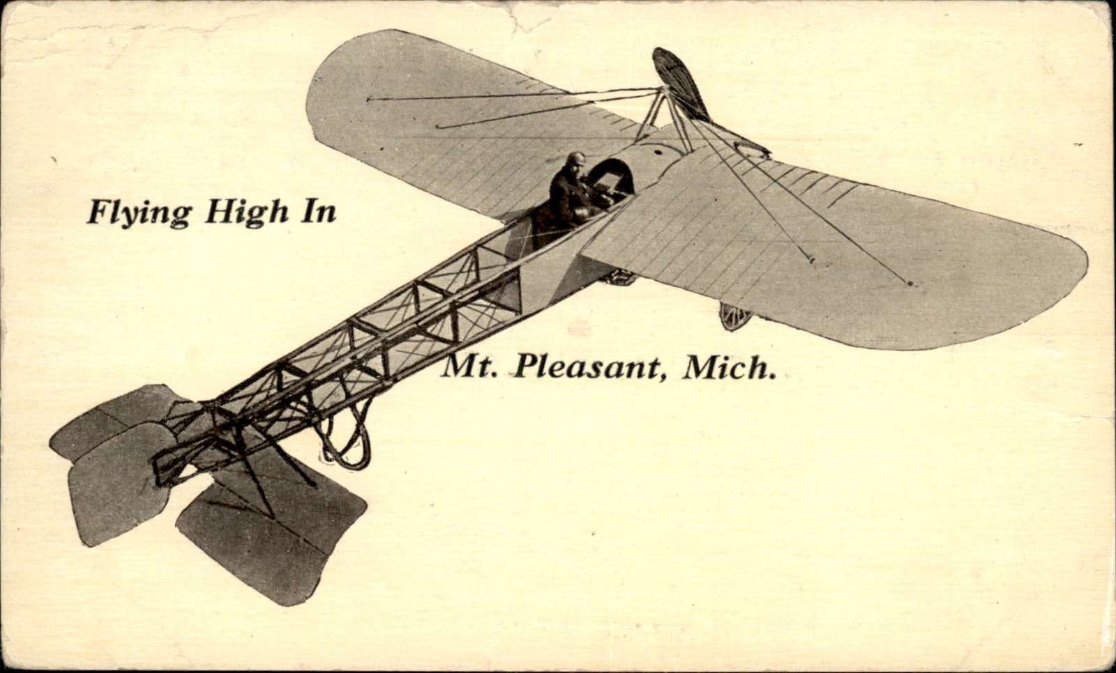Mt. Pleasant MI Flying High In Airplane Weisbaum c1900s-10s Vintage Postcard bhn